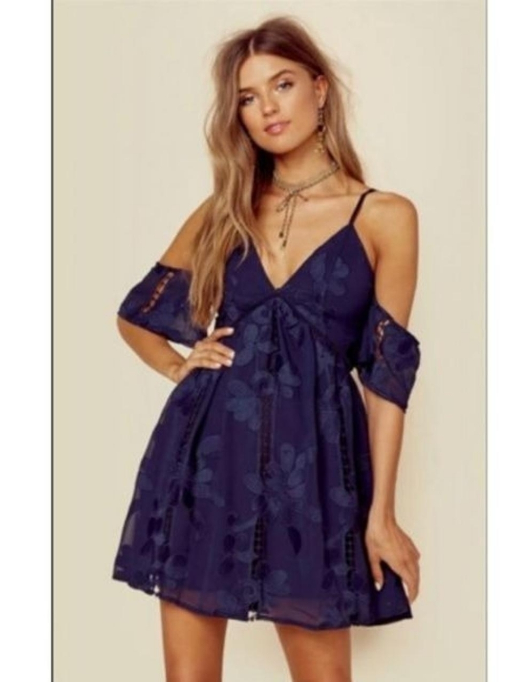 $248 Lovers + Friends Wishful Navy Off Shoulder Lace Embroidered Mini Dress